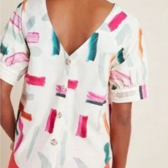 ANTHROPOLOGIE X Aimee Clarke button back brushstroke print short sleeve blouse - Picture 3 of 14